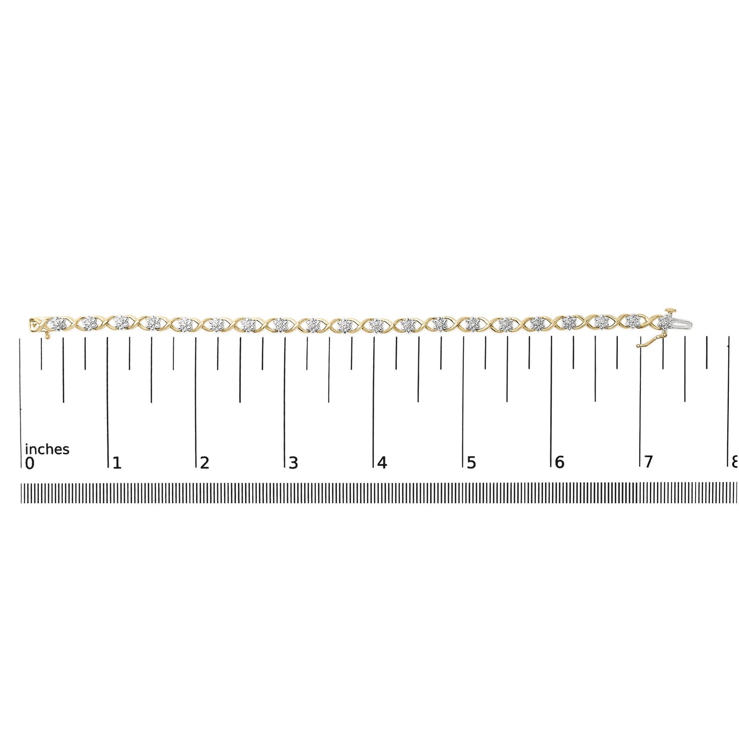 Bracelet with alternating yellow and white metal links, each set with round white gemstones in prong settings, shown flat on a scale from 0 to 8 inches, shot from above.