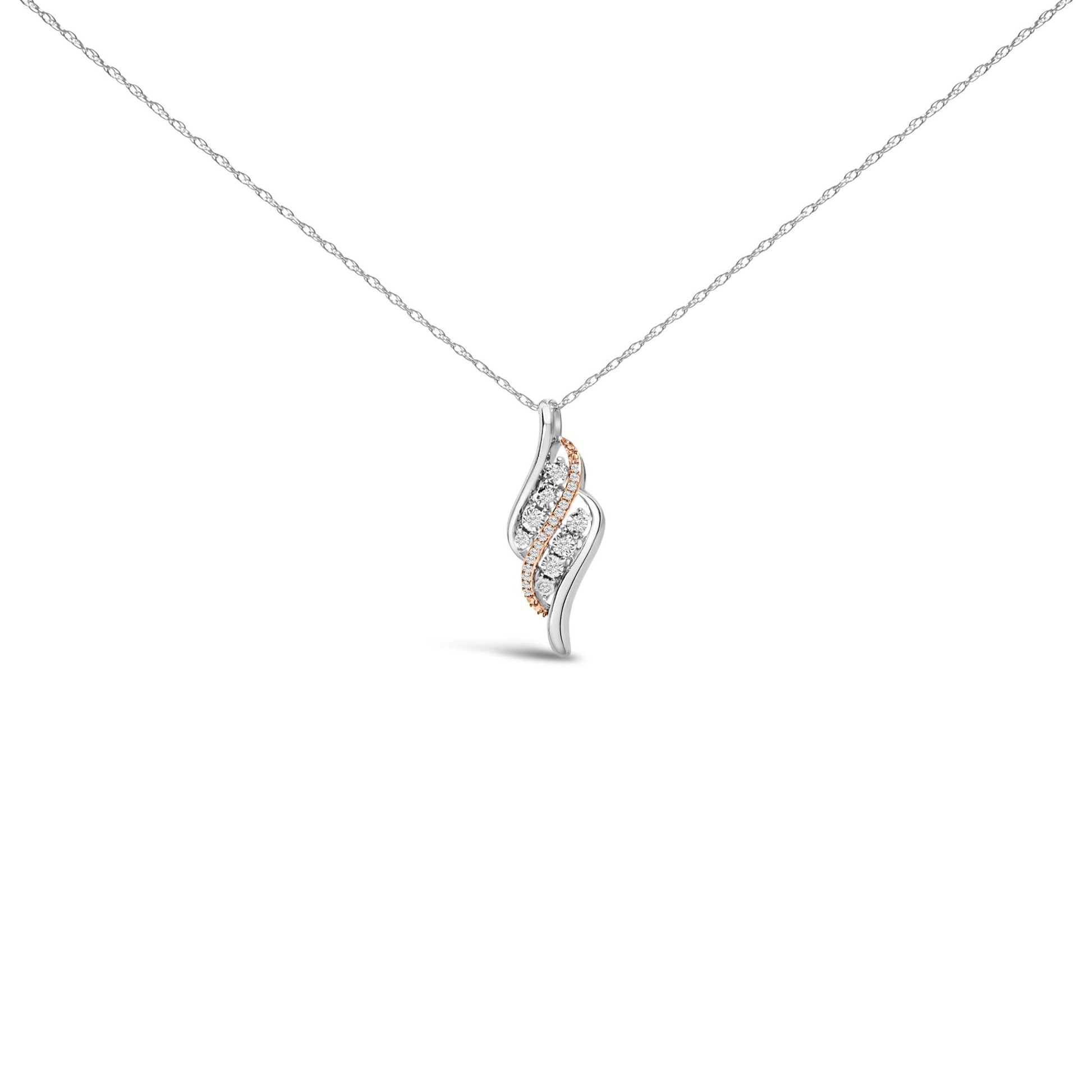 Pendant necklace with white and rose metal in a curved design, set with round white gemstones in prong settings, shown centered on a white background from a front angle.