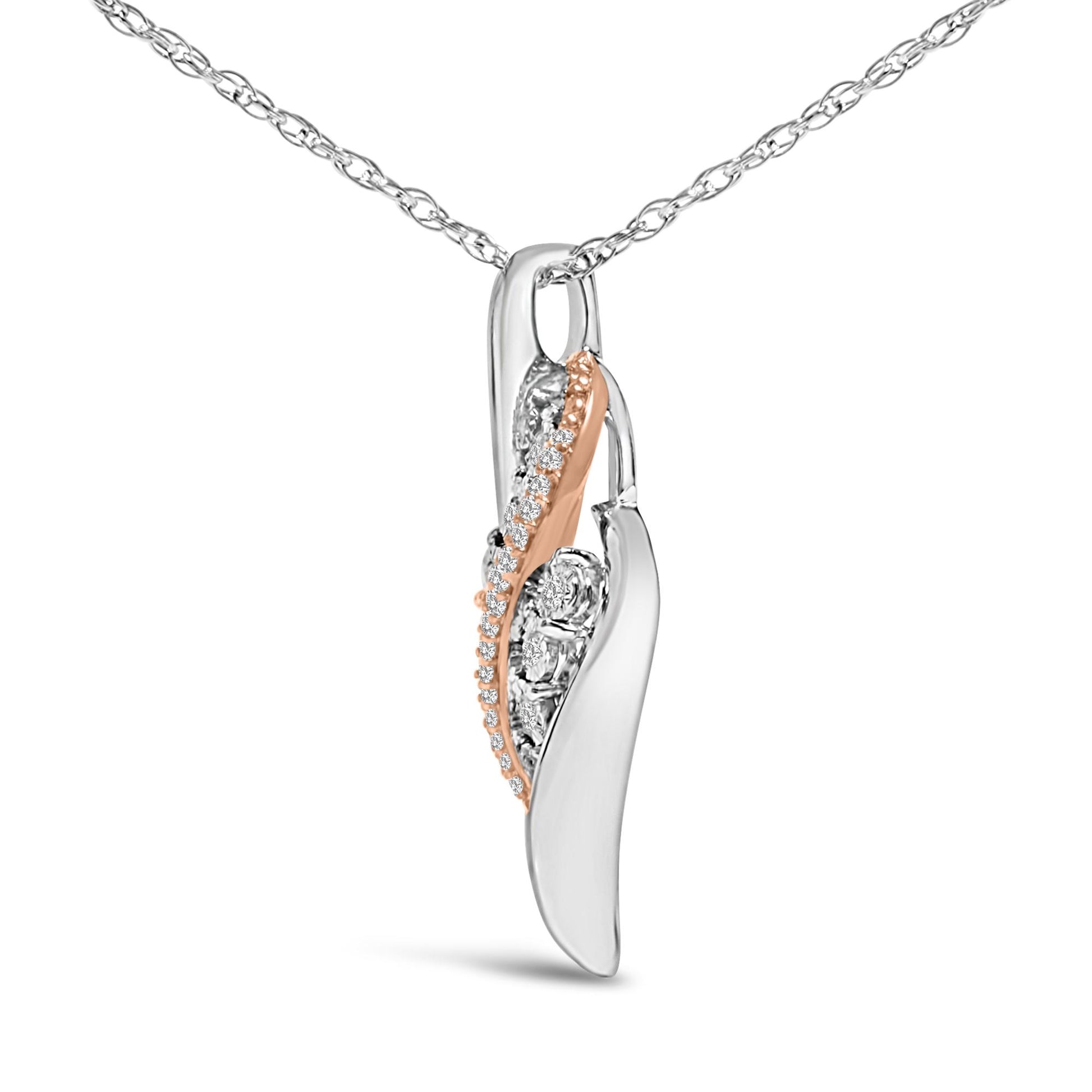 Close-up front angle of a white and rose metal necklace pendant with an elegant curved design, featuring a row of round prong-set white gemstones.