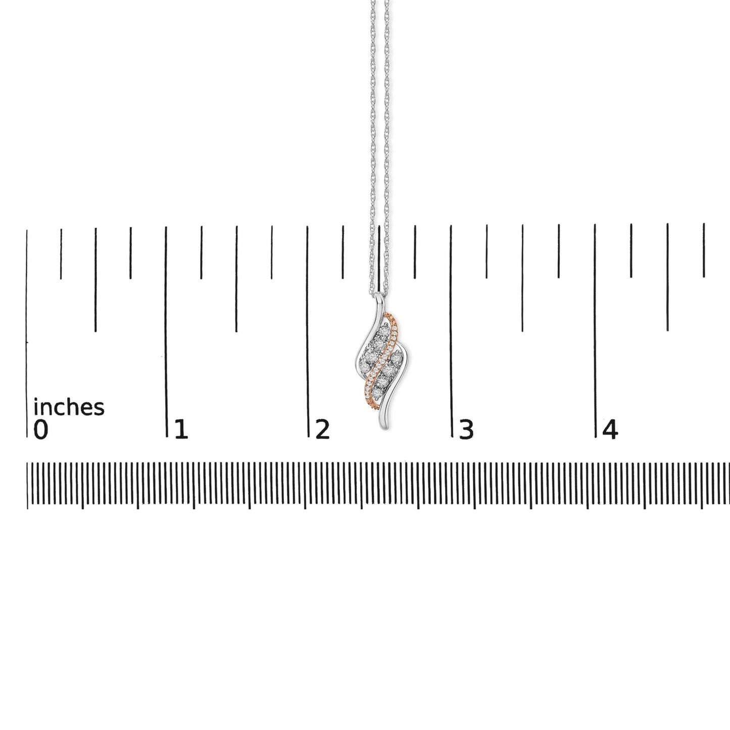 Necklace shown on a scale, featuring a pendant with intertwined white and rose metal curves, accented with round white gemstones in prong settings, front-facing angle.