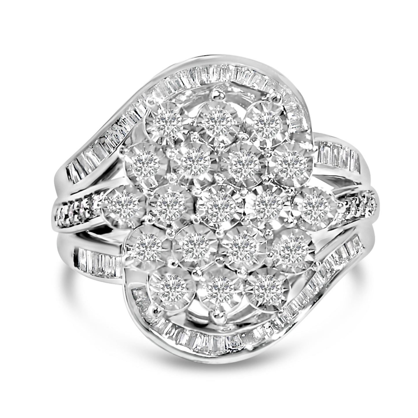 Close-up front angle of a white metal ring featuring round white gemstones in a cluster with a miracle setting, surrounded by baguette-shaped white gemstones in a channel setting along the band and outer edge.