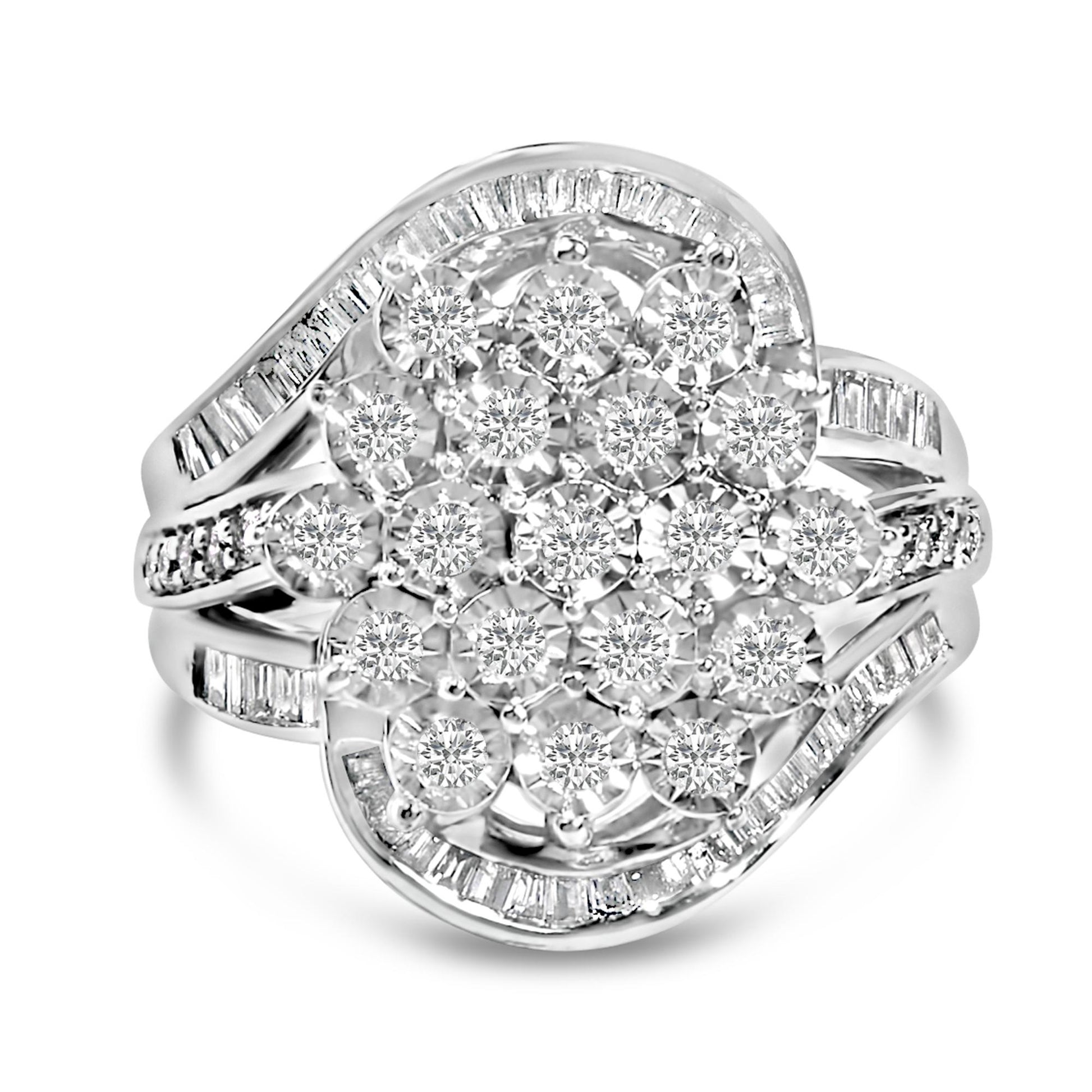 Close-up front angle of a white metal ring featuring round white gemstones in a cluster with a miracle setting, surrounded by baguette-shaped white gemstones in a channel setting along the band and outer edge.