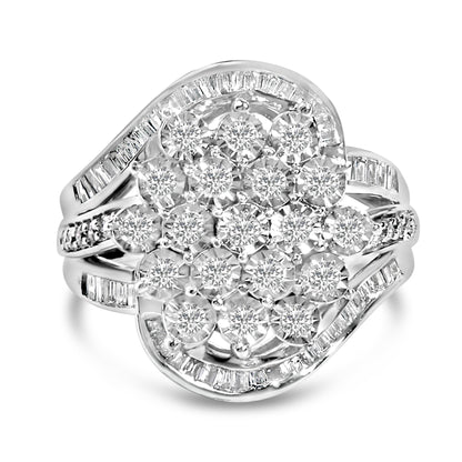 Close-up front angle of a white metal ring featuring round white gemstones in a cluster with a miracle setting, surrounded by baguette-shaped white gemstones in a channel setting along the band and outer edge.