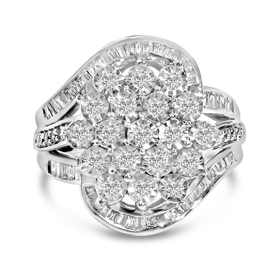 Close-up front angle of a white metal ring featuring round white gemstones in a cluster with a miracle setting, surrounded by baguette-shaped white gemstones in a channel setting along the band and outer edge.
