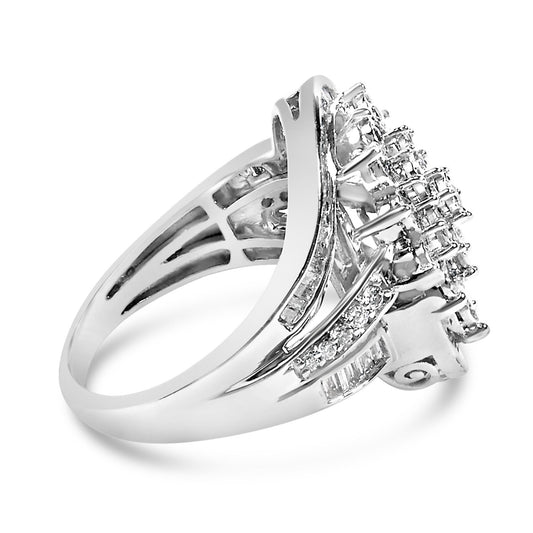 White metal ring with a curved band design, featuring two rows of channel-set baguette white gemstones and a cluster of round white gemstones in a miracle setting, shown from a side angle.