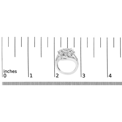 White metal ring with a cluster of round and baguette-shaped white gemstones viewed from the side, shown on a scale marked in inches.