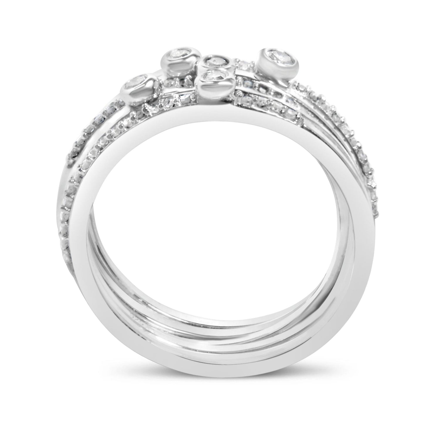 Close-up front angle of a white metal ring featuring multiple rows of small round white gemstones in prong settings, with several larger round white gemstones in bezel settings on the top.