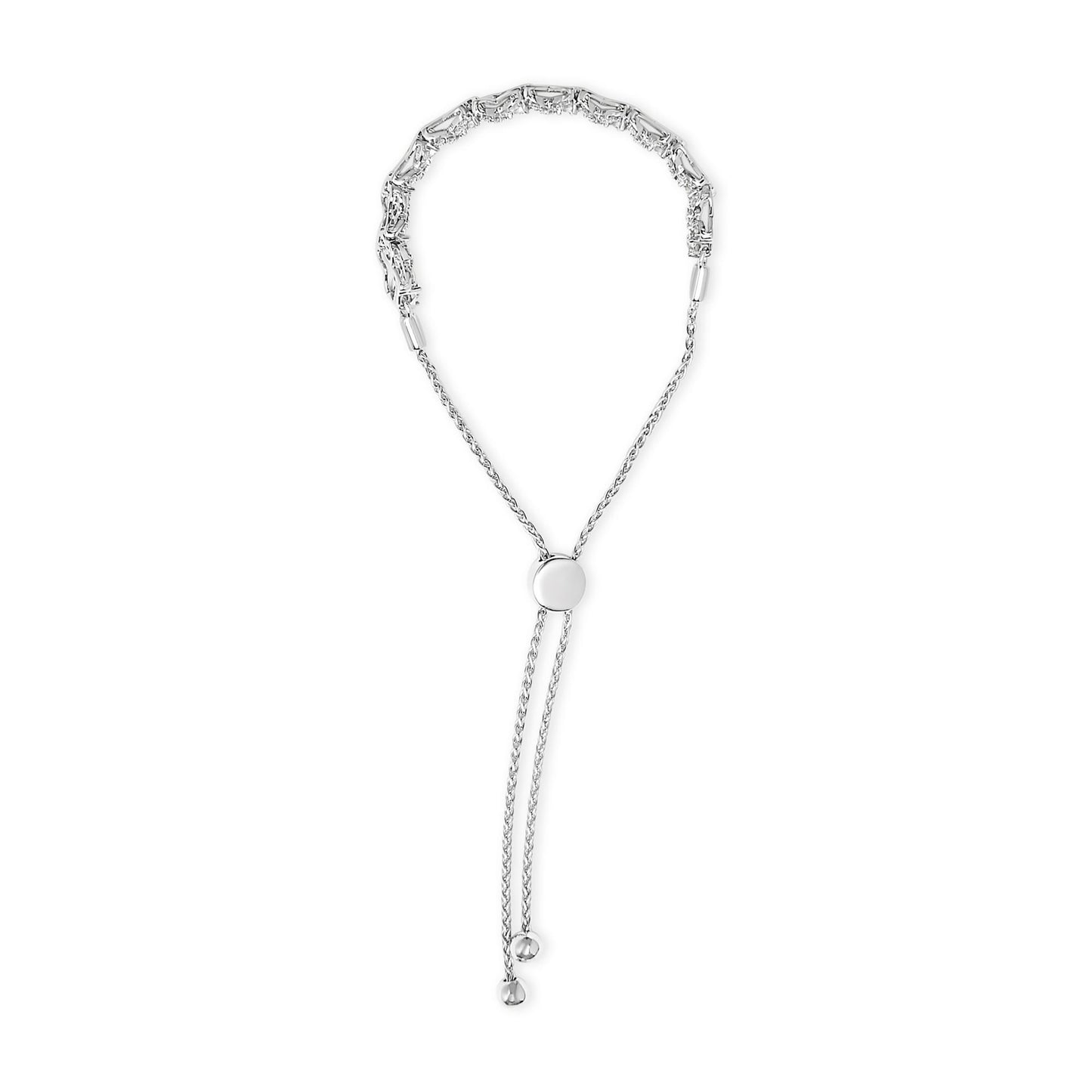 White metal adjustable bracelet shown from a top-down angle, featuring a section with channel-set round white gemstones and a sliding round clasp with two dangling chain ends.