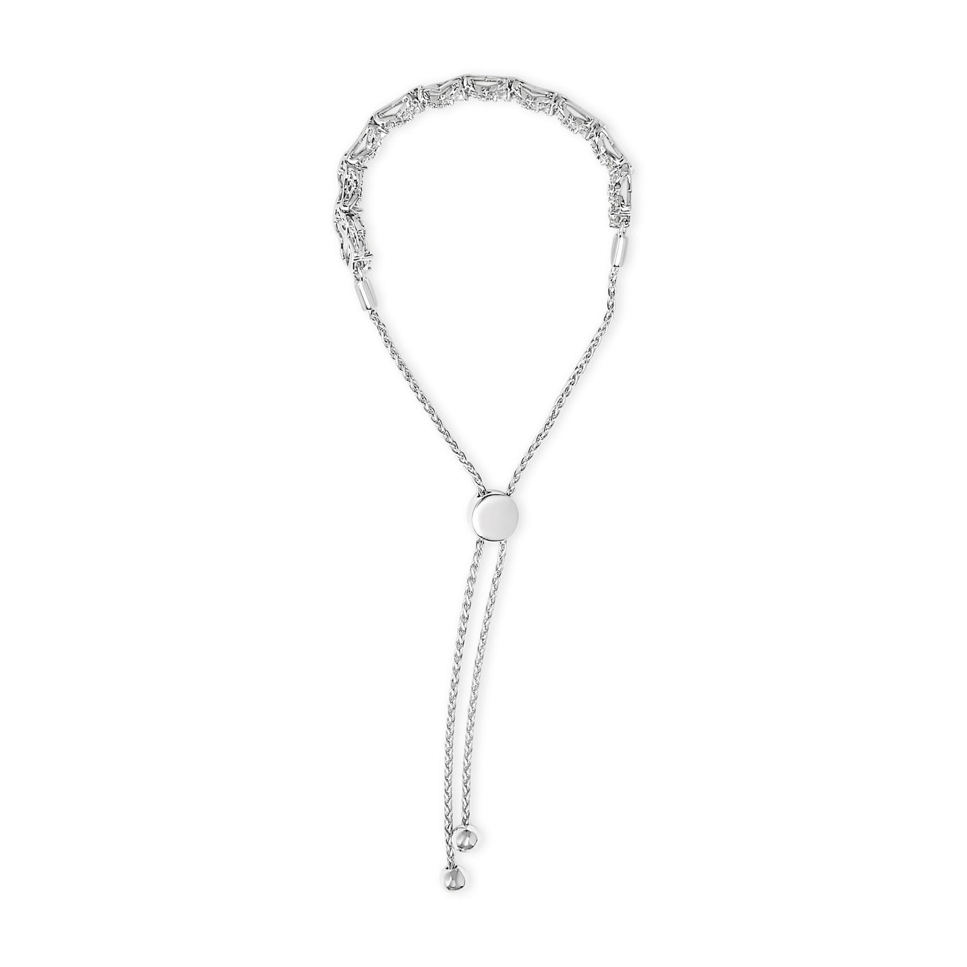 White metal adjustable bracelet shown from a top-down angle, featuring a section with channel-set round white gemstones and a sliding round clasp with two dangling chain ends.