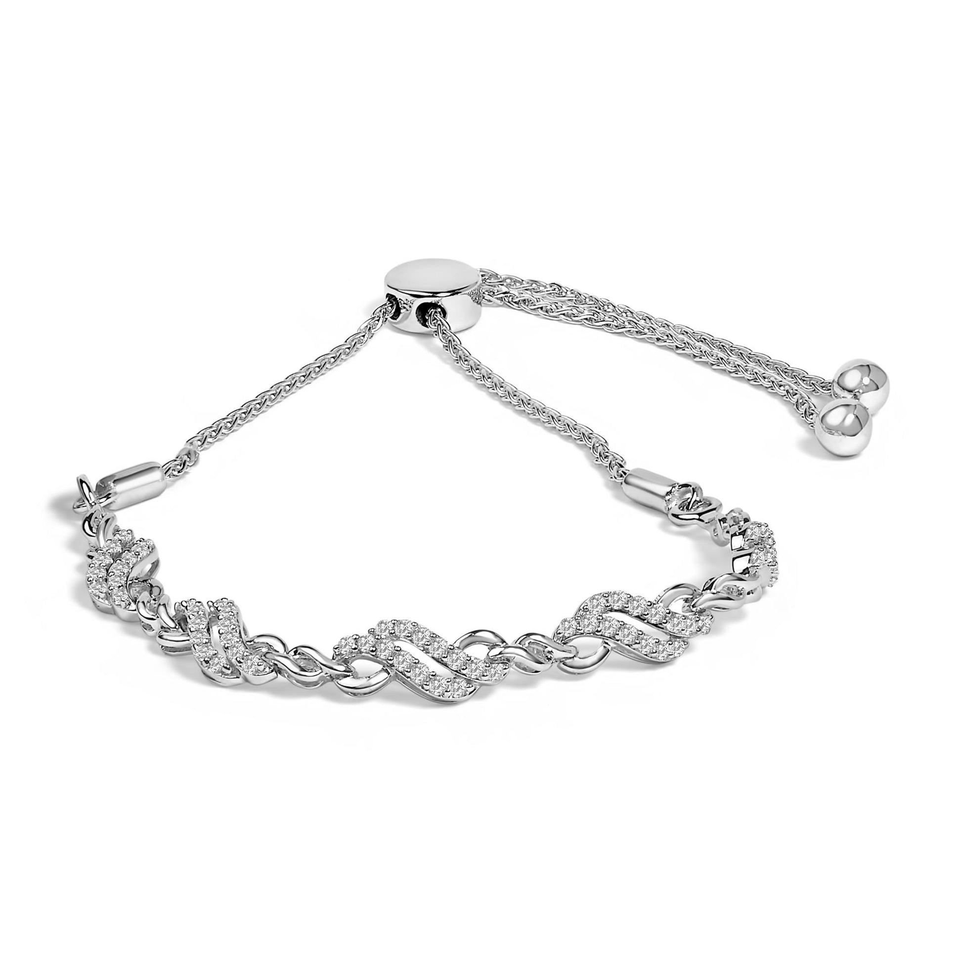 Bracelet with white metal twisted links accented by white round gemstones in prong settings, shown from a front angled view on a white background.