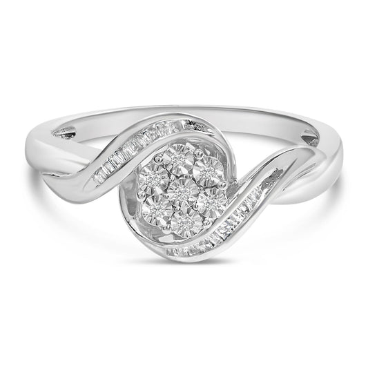 Close-up front angle of a white metal ring featuring a swirl design with channel-set white baguette-shaped gemstones on the curves and a cluster of round prong-set white gemstones in the center.