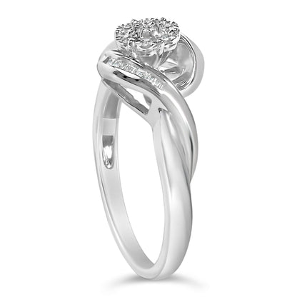 White metal ring with a twisted band design, featuring a cluster of round white gemstones in prong settings at the top and a row of baguette-shaped white gemstones set in a channel along one side, shown in a close-up side angle.