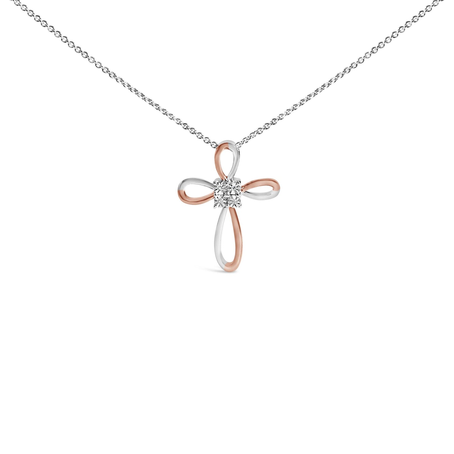 Front view of a white and rose colored metal cross-shaped necklace pendant with four round white gemstones in bezel settings at the center, shown against a white background.