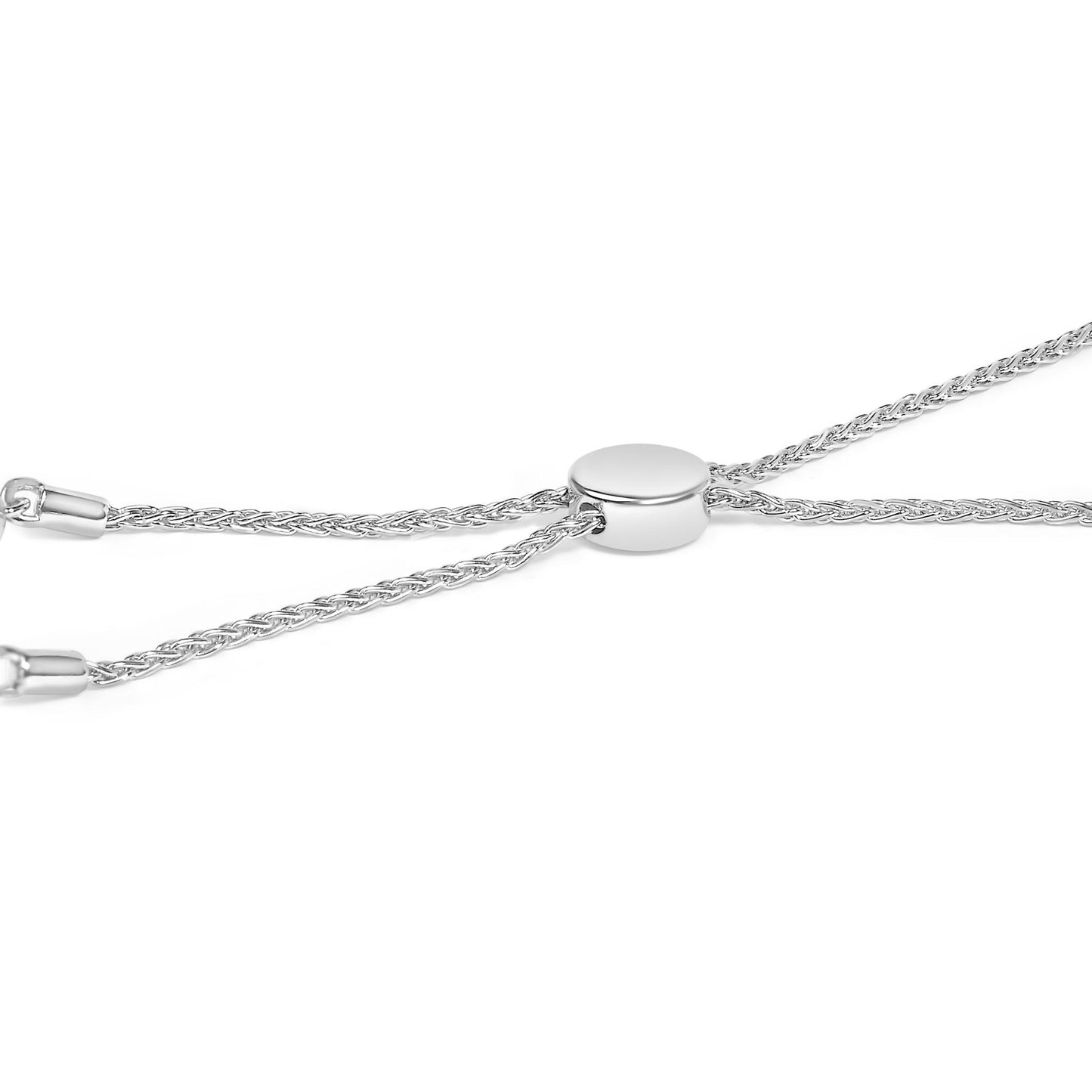 Close-up, top view of a white metal adjustable bracelet slider with two braided chains shown on a white background.