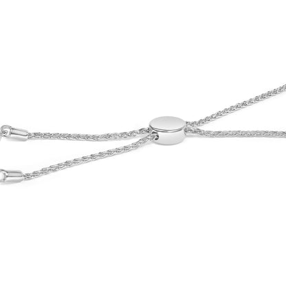 Close-up, top view of a white metal adjustable bracelet slider with two braided chains shown on a white background.
