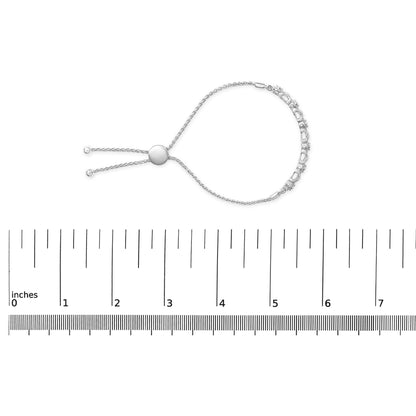 White metal bracelet with round white gemstones in prong settings shown flat on a scale, top-down view.