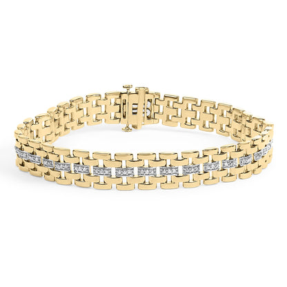 Bracelet shown from a front angle featuring linked yellow and white metal segments with a center row of white gemstones in a pave setting.