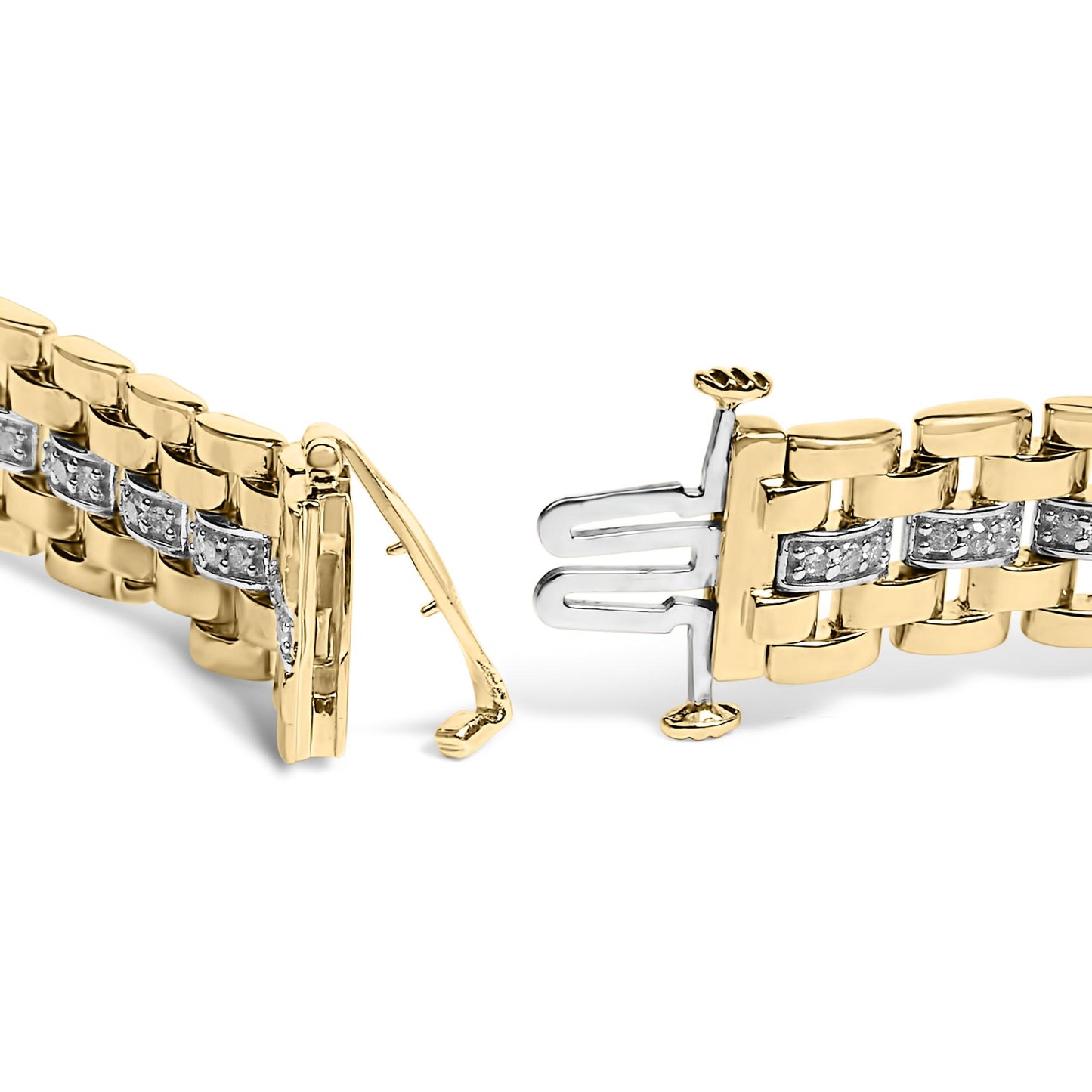 Close-up front angle of an open yellow and white metal bracelet with round white gemstones in a pave setting along the center, showing the clasp details.