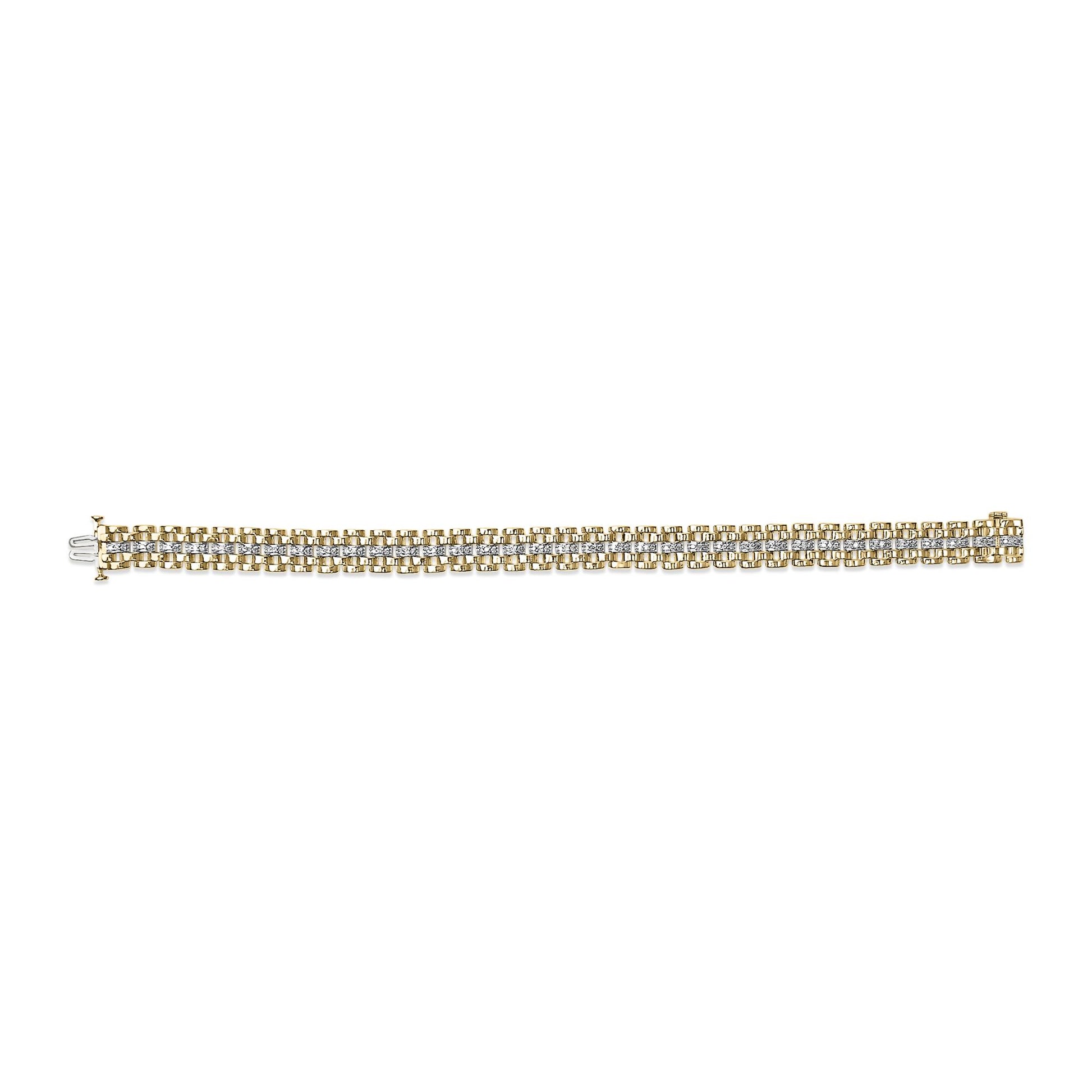 Bracelet with alternating yellow and white metal links, featuring three rows of round white gemstones in pave setting, shown flat from above.