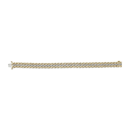 Bracelet with alternating yellow and white metal links, featuring three rows of round white gemstones in pave setting, shown flat from above.