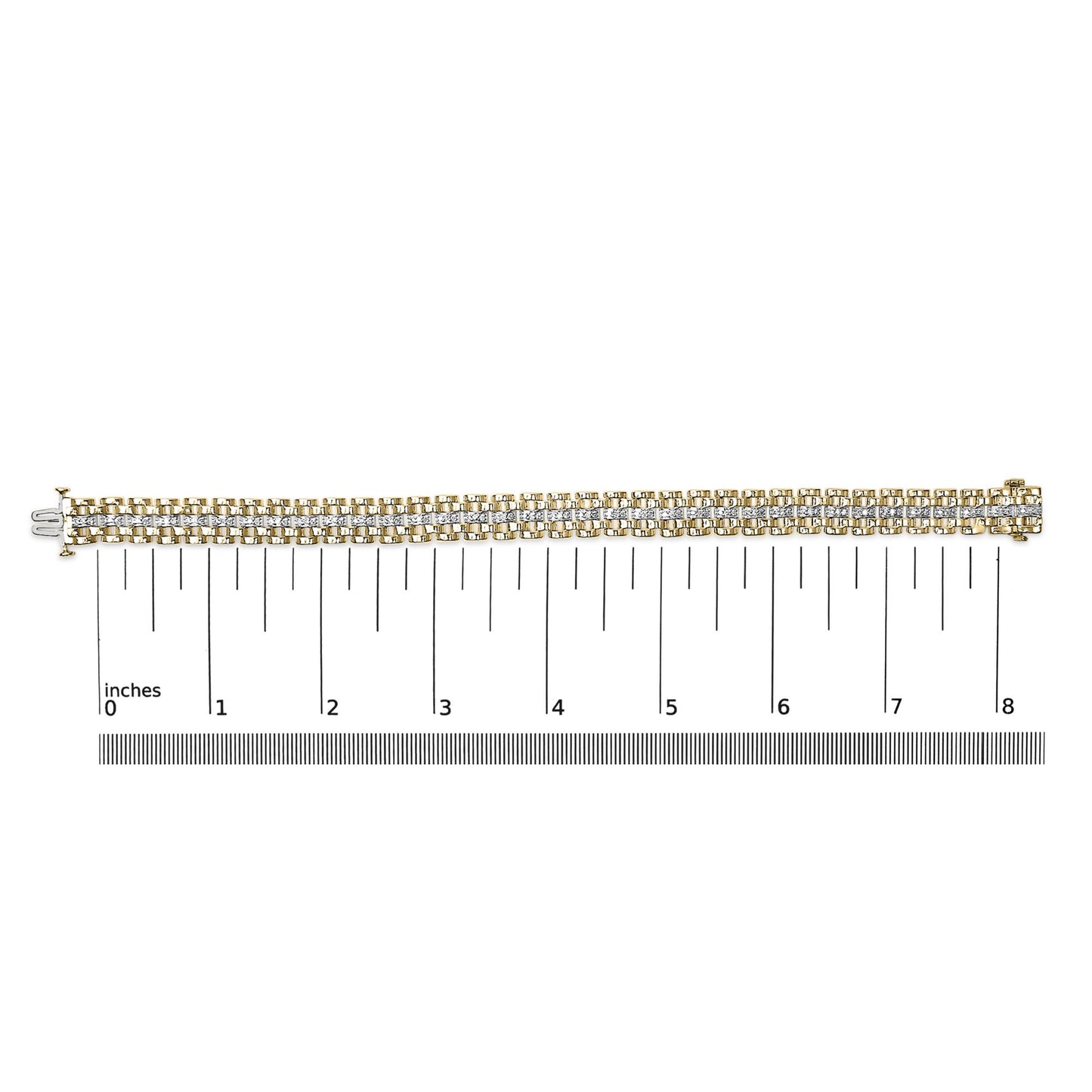 Bracelet with alternating yellow and white metal links set with round white gemstones in pave setting, shown flat on a measuring scale, top-down view.