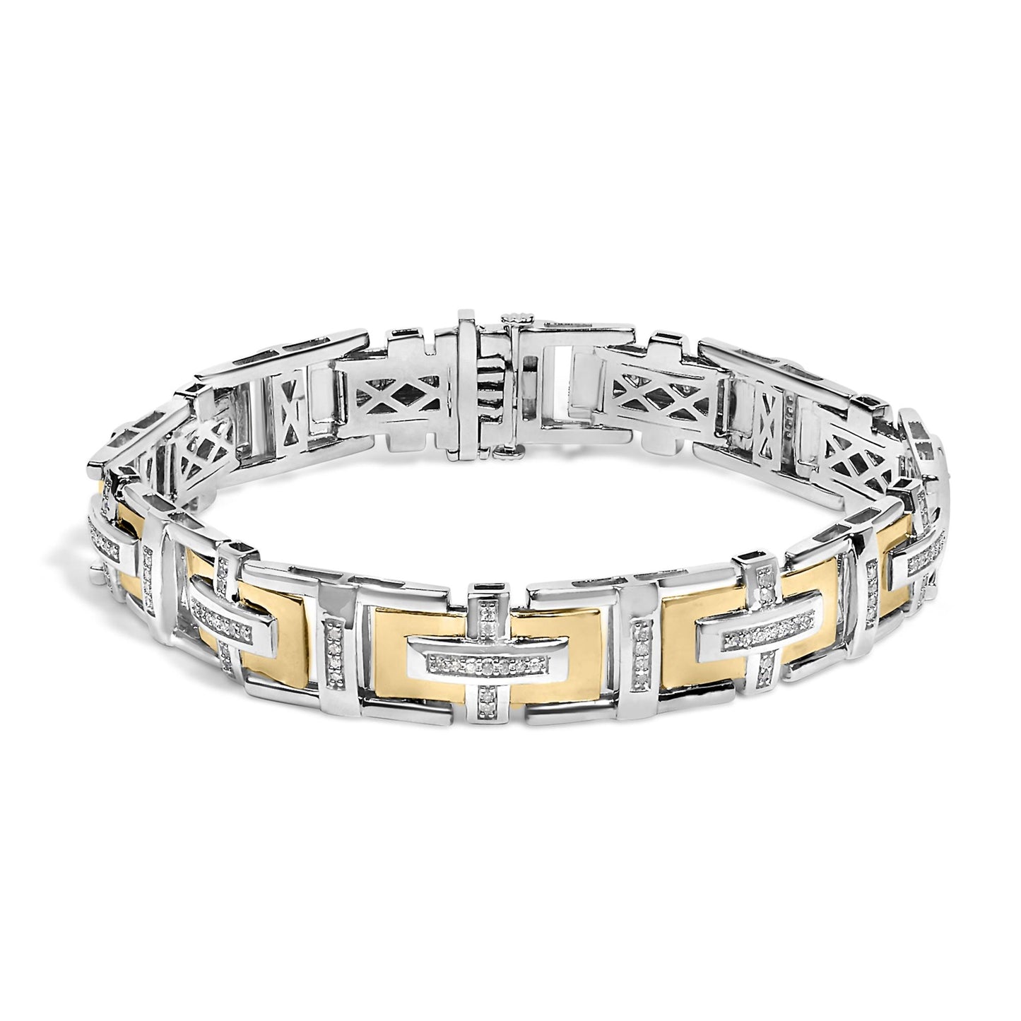 Bracelet with alternating rectangular yellow and white metal links, adorned with round white gemstones in pave setting, shown from a slightly elevated front angle on a white background.