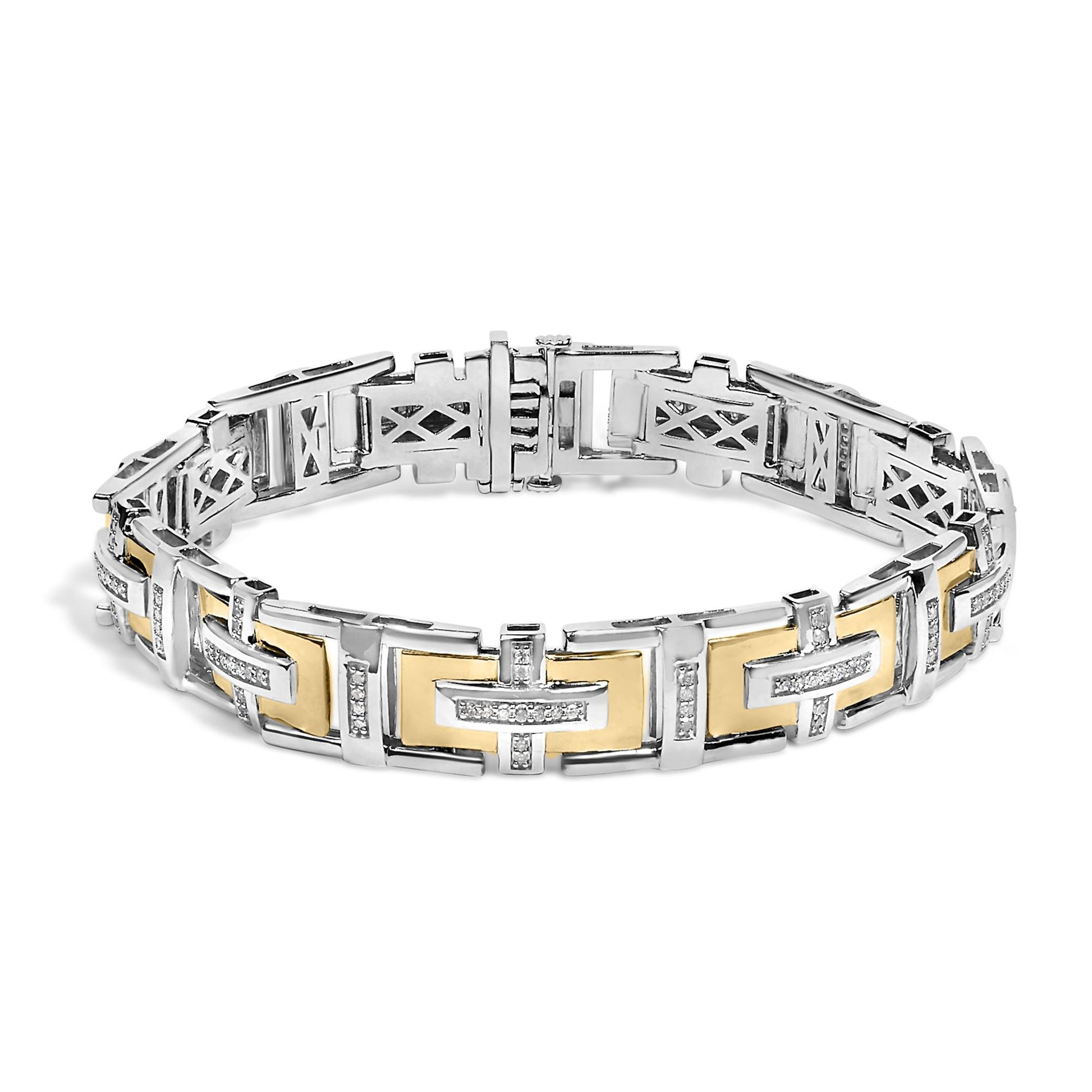 Bracelet with alternating rectangular yellow and white metal links, adorned with round white gemstones in pave setting, shown from a slightly elevated front angle on a white background.