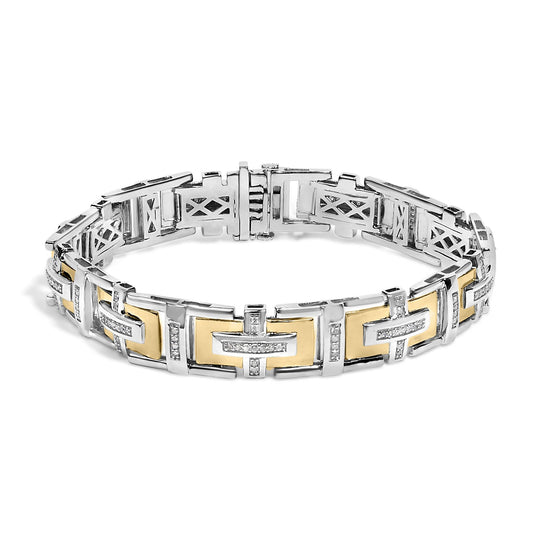 Bracelet with alternating rectangular yellow and white metal links, adorned with round white gemstones in pave setting, shown from a slightly elevated front angle on a white background.