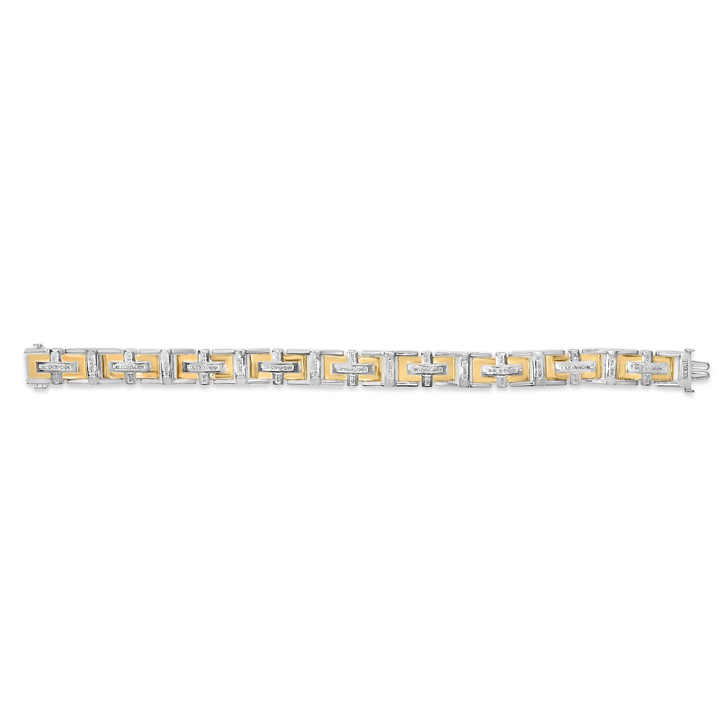 Top-down view of a two-tone bracelet featuring rectangular links with yellow and white metal tones, accented with small round white gemstones in a pave setting along the edges.