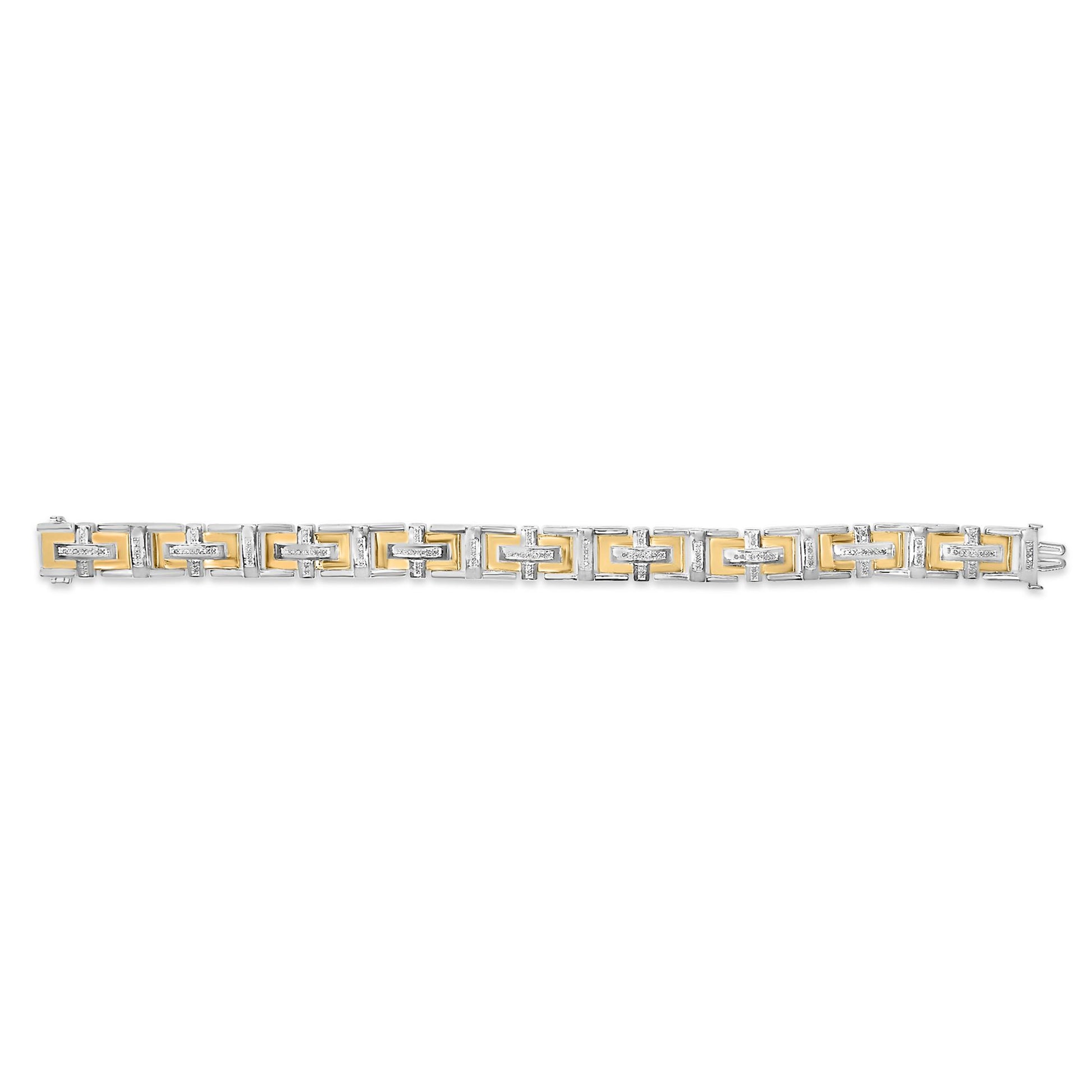 Top-down view of a two-tone bracelet featuring rectangular links with yellow and white metal tones, accented with small round white gemstones in a pave setting along the edges.