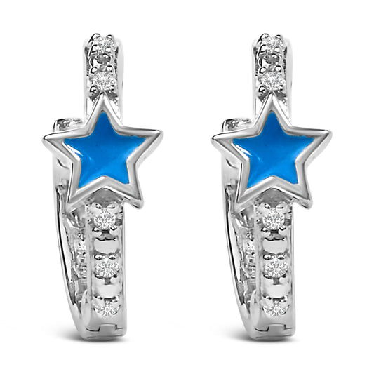 Front-facing close-up of white metal hoop earrings featuring a blue star shape in the center and round white gemstones in a pave setting along the hoops.