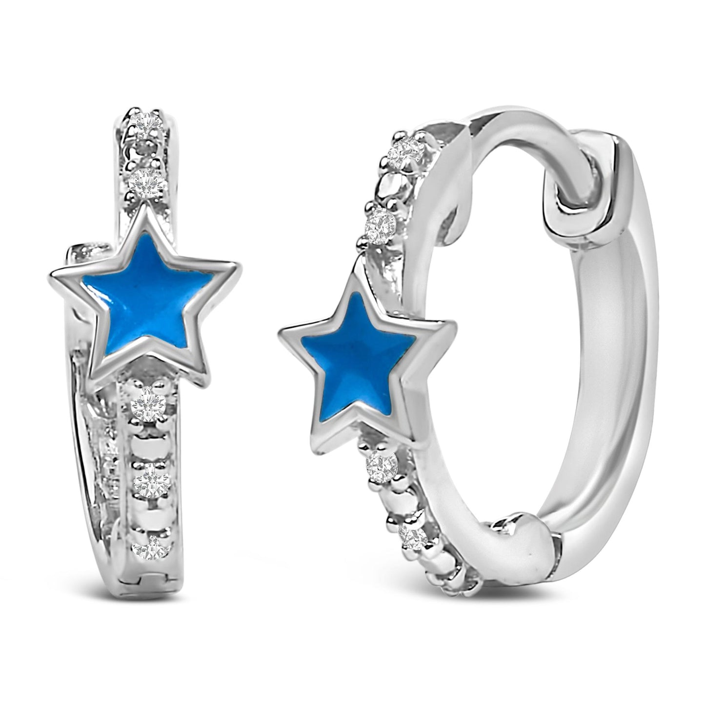Pair of white metal hoop earrings with blue star-shaped centerpieces and small round white gemstones in a pave setting, shown in a close-up, angled front and side view.