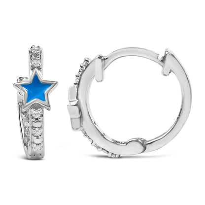 Pair of white metal hoop earrings shown from front and side angles, one featuring a blue star-shaped detail and white gemstones in a pave setting along the hoop.