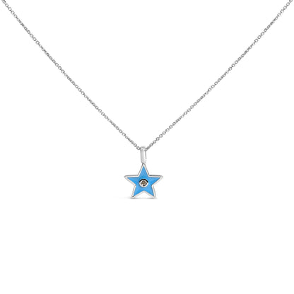 Front view of a white necklace with a star-shaped pendant featuring blue fill and a round white gemstone in a bezel setting at the center.