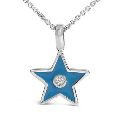 Close-up front view of a white metal star-shaped pendant necklace with blue inlay and a round white gemstone set in the center.