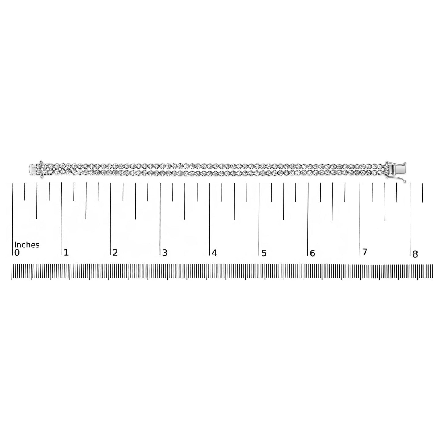 White metal double row bracelet with round white gemstones in 4-prong settings, laid flat on a ruler for size reference, top-down view.