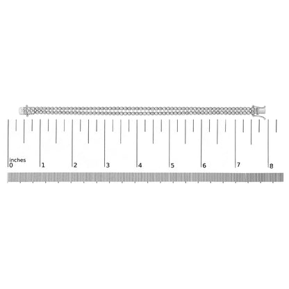 White metal double row bracelet with round white gemstones in 4-prong settings, laid flat on a ruler for size reference, top-down view.