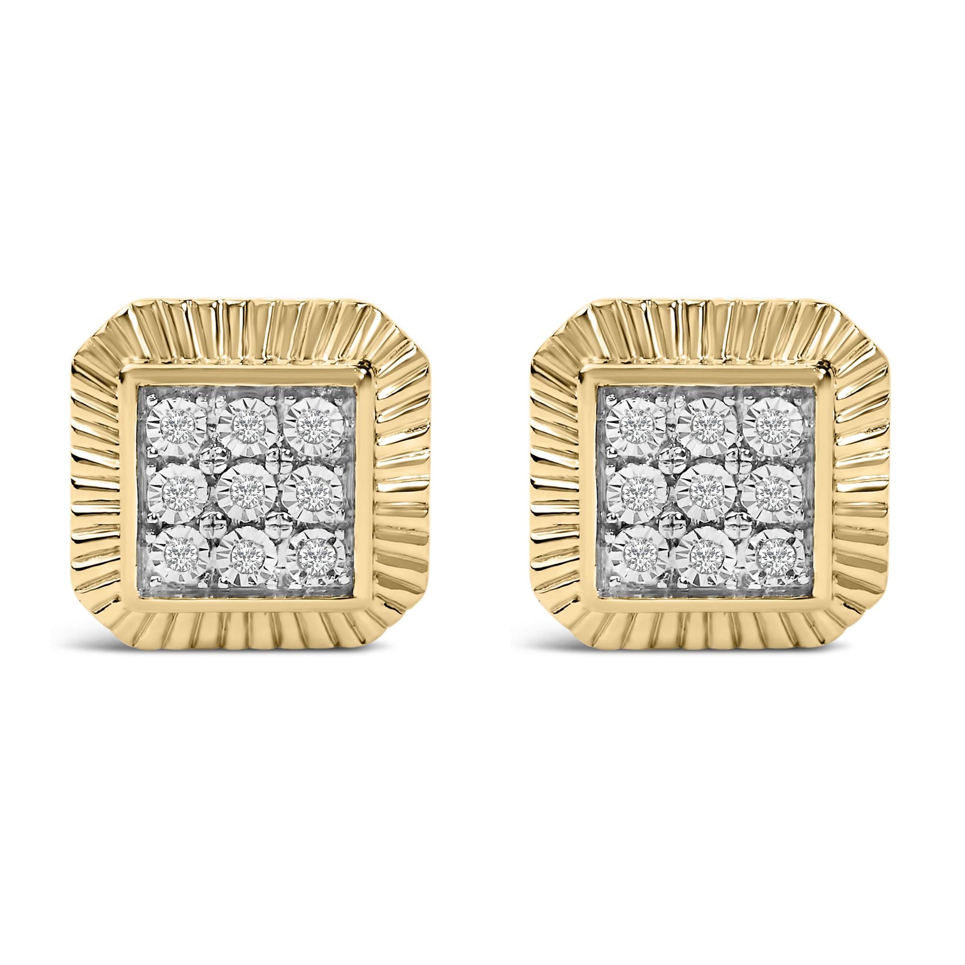 Pair of square-shaped earrings with a ridged yellow and white metal border, showcasing multiple round white gemstones set in a bezel setting in the center, front-facing shot on a white background.