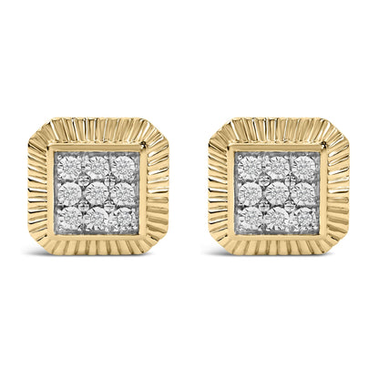 Pair of square-shaped earrings with a ridged yellow and white metal border, showcasing multiple round white gemstones set in a bezel setting in the center, front-facing shot on a white background.