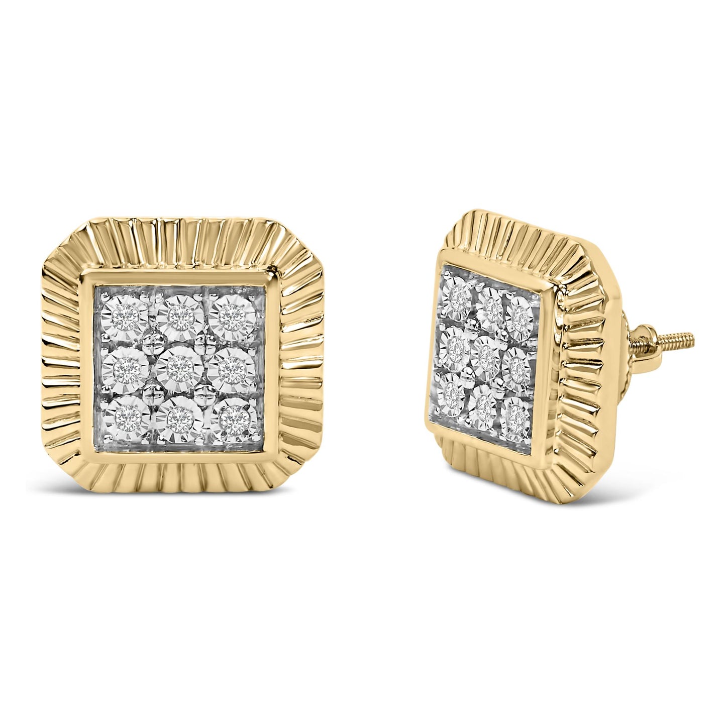 Pair of square stud earrings shown from front and side angles, featuring yellow and white metal with small round white gemstones set in a bezel style.