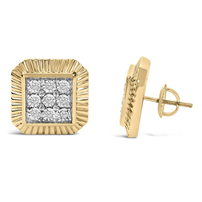 Front and side view of square-shaped earrings with yellow and white metal featuring round white gemstones in bezel settings arranged in the center.