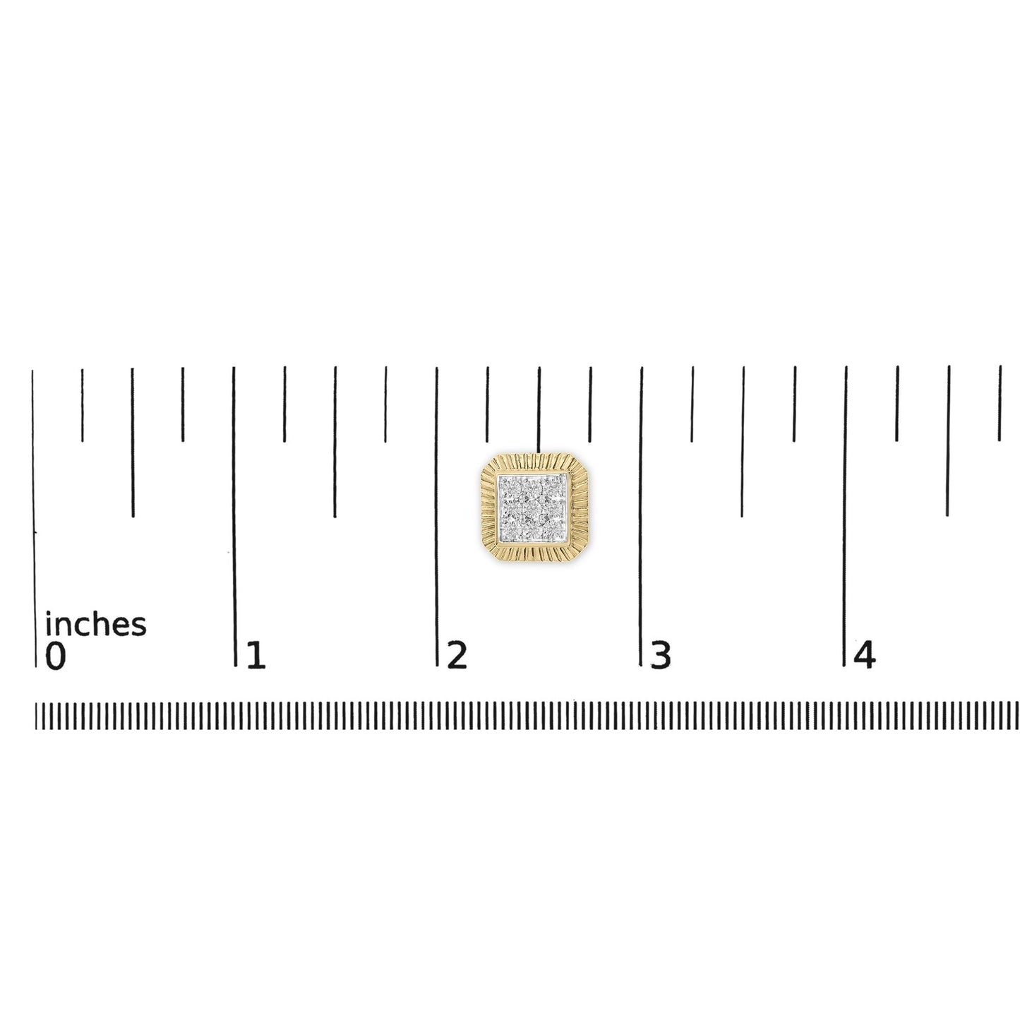 Front view of a square-shaped earring with yellow and white metal, featuring multiple round white gemstones in bezel settings, shown on a ruler scale.