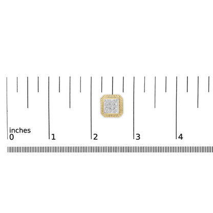 Front view of a square-shaped earring with yellow and white metal, featuring multiple round white gemstones in bezel settings, shown on a ruler scale.