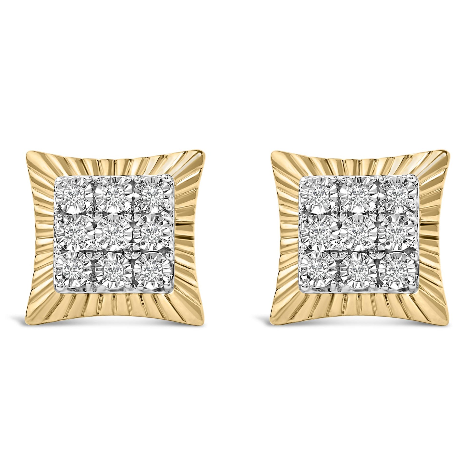 Pair of square earrings shown from the front on a white background with a rippled yellow metal border and cluster of round white gemstones in bezel setting in the center.