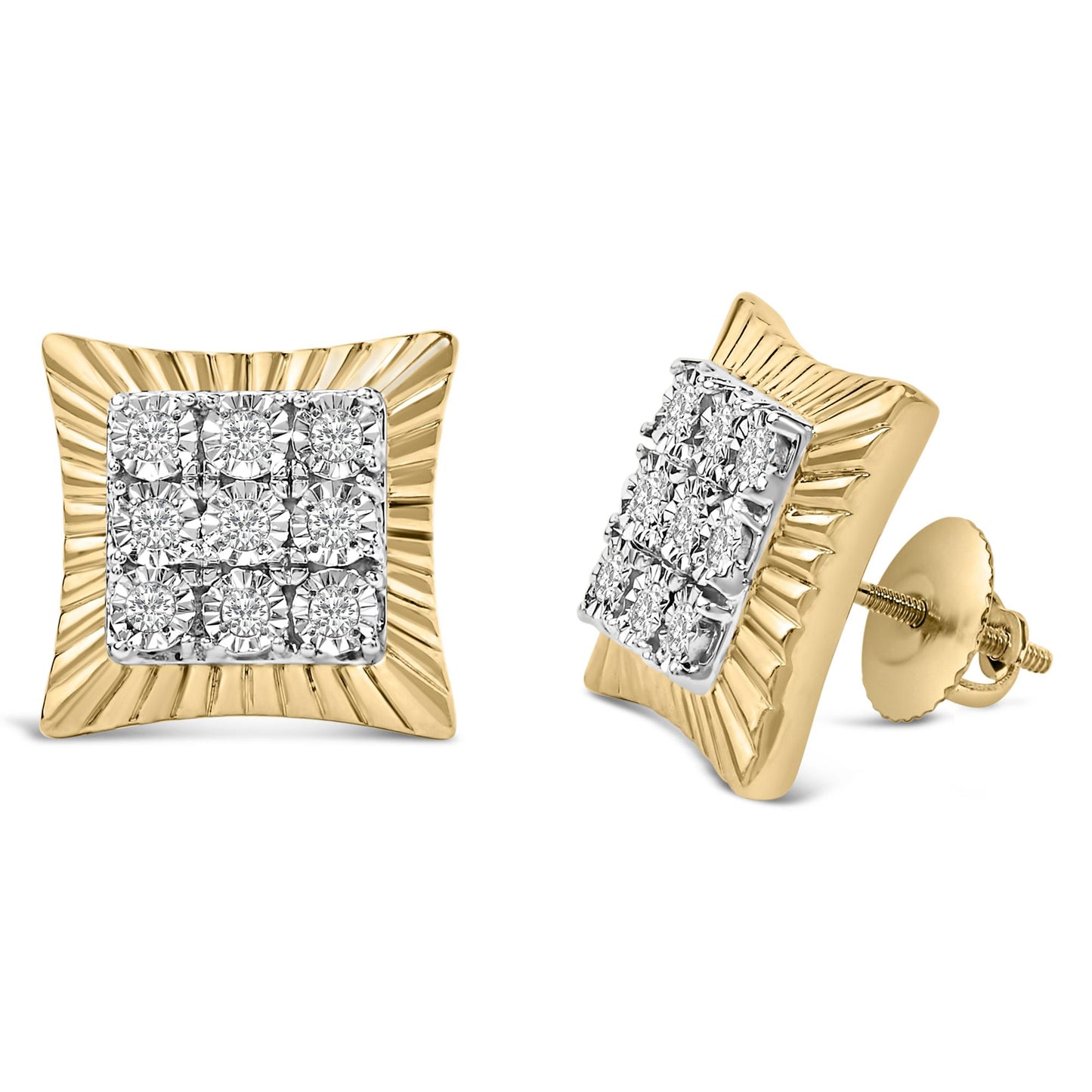 Pair of square-shaped earrings with ridged yellow metal edges and a central cluster of round white gemstones in bezel settings, shown from front and angled side views.