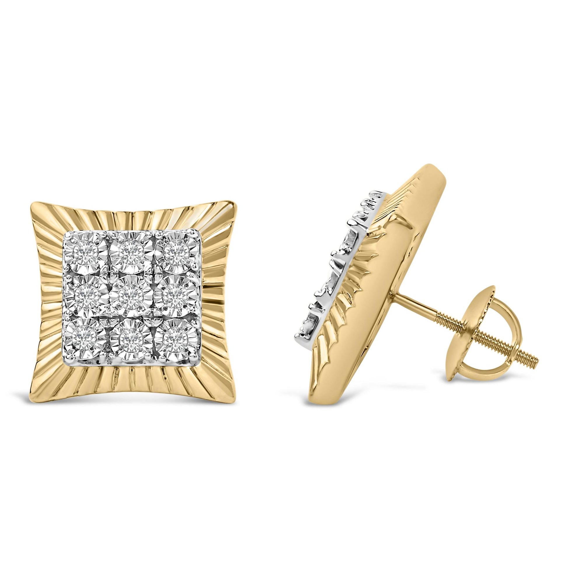 Pair of square-shaped earrings shown from front and side angles, featuring a yellow and white metal design with round white gemstones in bezel settings clustered in the center.