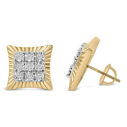 Pair of square-shaped earrings shown from front and side angles, featuring a yellow and white metal design with round white gemstones in bezel settings clustered in the center.