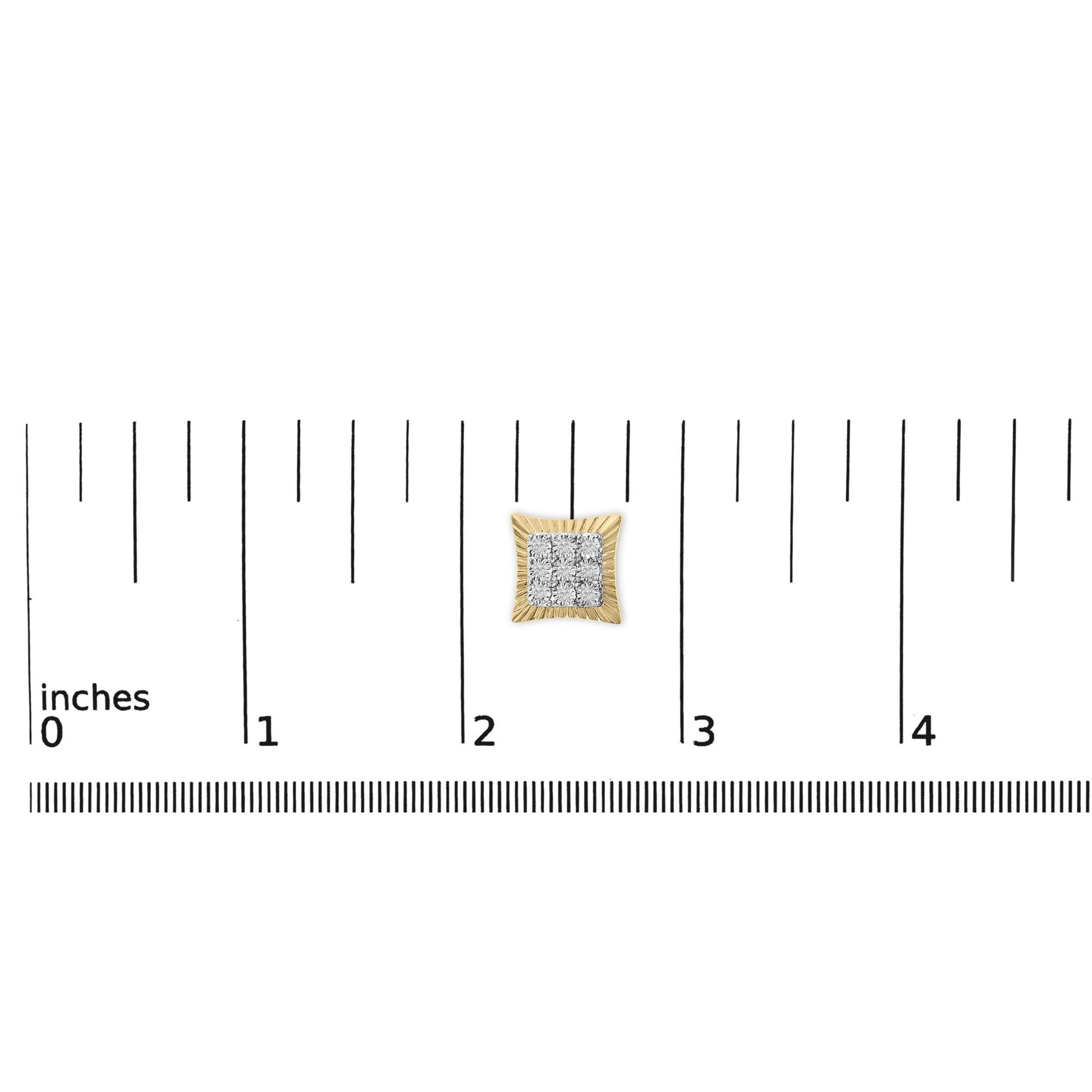 Square-shaped earring with a cluster of round white gemstones in a bezel setting, shown on a scale from a top-down angle. The earring has a yellow and white metal color combination.
