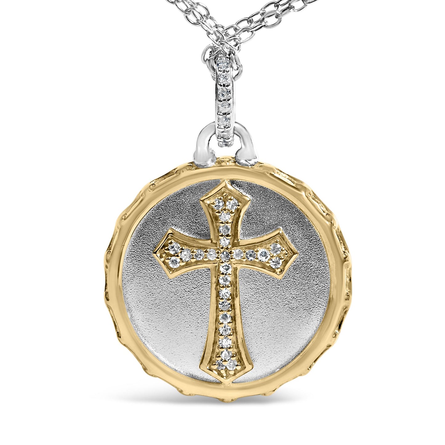 Front view of a round two-tone necklace pendant featuring a cross design adorned with white round gemstones in a pave setting, hanging from a chain with a gemstone-accented bail.