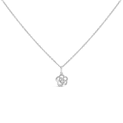 White metal necklace with a flower-shaped pendant decorated with round white gemstones in prong settings, shown from a front angle on a white background.